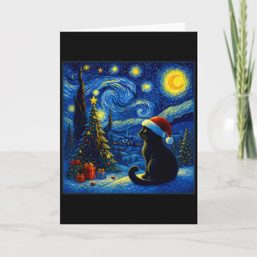 Schwarzer Katzen-Weihnachtsmannmütze Van Gogh Ster Karte (Vorderseite)