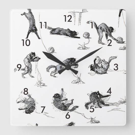 Schwarzer Katzenball und Wollgarnball, Alexandre S Quadratische Wanduhr (Vorderseite)