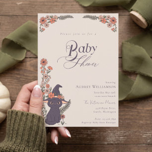 Schwarzer Katzenhexenhut Blumen Halloween-Baby-Par Einladung