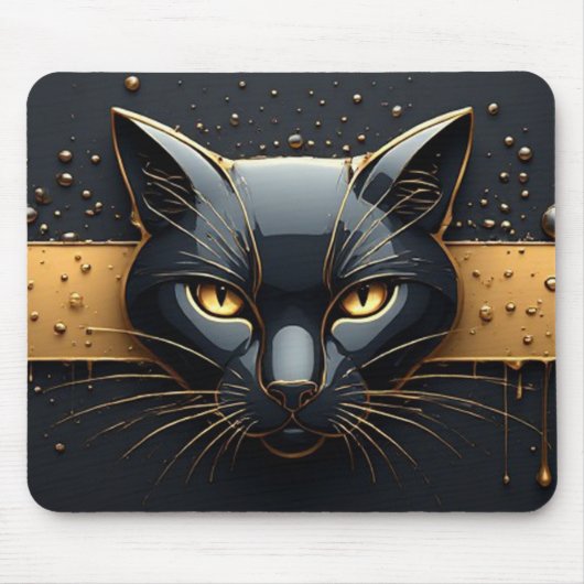 Schwarzer Katzenkopf mit goldenem Tropfendesign 🐈 Mousepad (Vorne)