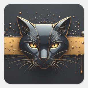 Schwarzer Katzenkopf mit goldenem Tropfendesign 🐈 Quadratischer Aufkleber