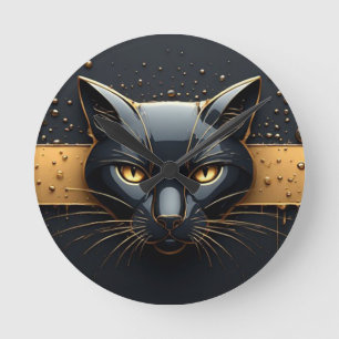 Schwarzer Katzenkopf mit goldenem Tropfendesign 🐈 Runde Wanduhr