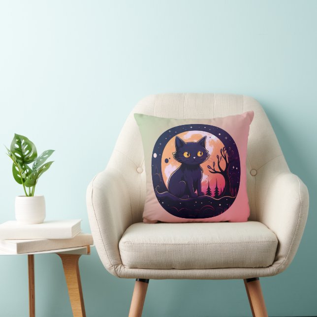 Schwarzer Katzenwald Jack-O' Lantern Pink Hallowee Kissen (Stuhl )