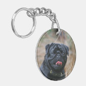 Schwarzer keuchender Mops beim Betrachten der Schlüsselanhänger (Vorderseite links)