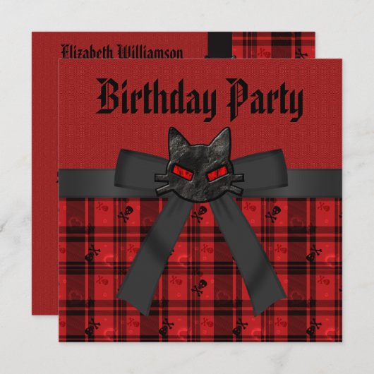 Schwarzer Kitty u. Schädel schwarz u. roter Einladung (Vorne/Hinten)