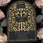 Schwarzer Königlicher Mittelalter-Goldschwert-Hoch Einladung<br><div class="desc">Set den Ton für deine mittelalterliche Fantasy-Hochzeit mit einem kühnen Bogen-Einladung-Design - ein großes goldenes Schwert umgeben von Blumen vor schwarzem Hintergrund. Ideal für Paare,  die von einer epischen,  romantischen Feier träumen. Machen Sie Ihre Liebe von Anfang an legendär! HINWEIS: Das Gold in diesem Design ist KEINE echte Folie.</div>
