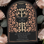 Schwarzer Königlicher Mittelalter Rose Goldschwert Einladung<br><div class="desc">Set den Ton für deine mittelalterliche Fantasy-Hochzeit mit einem kühnen Bogen-Einladung-Design - ein großes Goldschwert der Rose, umgeben von Blumen vor schwarzem Hintergrund. Ideal für Paare, die von einer epischen, romantischen Feier träumen. Machen Sie Ihre Liebe von Anfang an legendär! HINWEIS: Die Rose Gold in diesem Design ist NICHT real...</div>