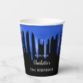 Schwarzer Königsblauer Glitzer Tropfen Monogramm Pappbecher (Rückseite)