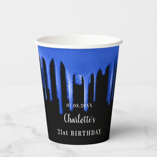 Schwarzer Königsblauer Glitzer Tropfen Monogramm Pappbecher (Rückseite)