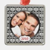 Schwarzer Kronleuchter Damask Foto Weihnachtsschmu Silbernes Ornament (Vorne)