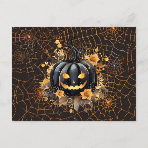Schwarzer Kürbis mit orangen Spinnennetzen Hallowe Feiertagspostkarte