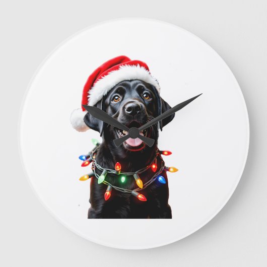 Schwarzer Lab Labrador Weihnachtsbaum Licht Pyjama Große Wanduhr (Vorderseite)