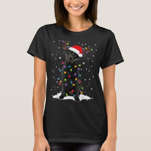 Schwarzer Lab Labrador Weihnachtsbaum Licht Pyjama T-Shirt (Vorderseite)