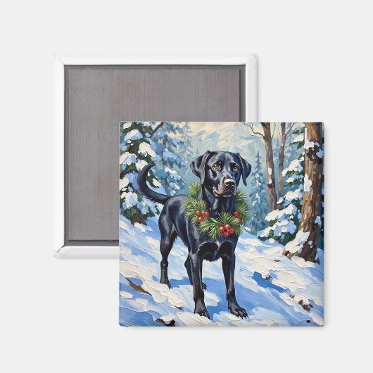 Schwarzer Lab Serene Winterwald Weihnachten Magnet (Vorderseite/Rückseite)
