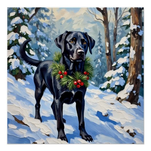 Schwarzer Lab Serene Winterwald Weihnachten Poster (Vorderseite)