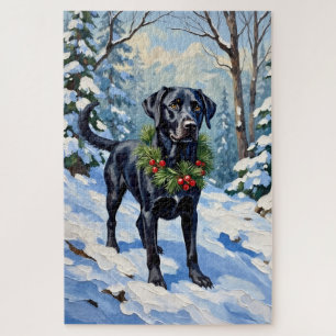 Schwarzer Lab Serene Winterwald Weihnachten Puzzle