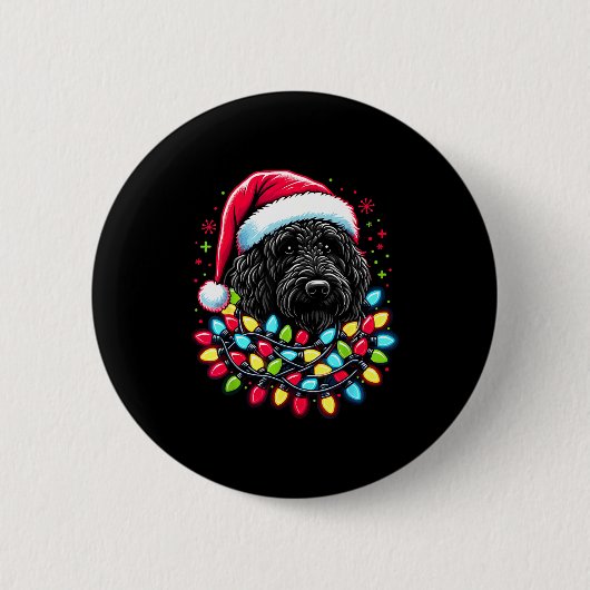 Schwarzer Labradoodle Weihnachtsbaum Xmas Lichter Button (Vorderseite)