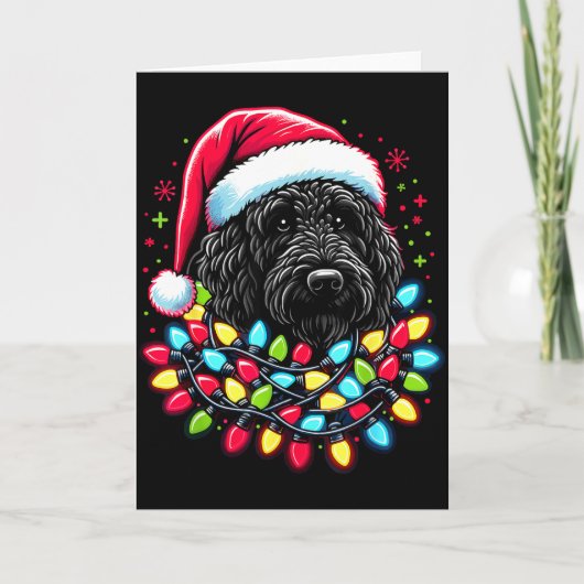 Schwarzer Labradoodle Weihnachtsbaum Xmas Lichter Karte (Vorderseite)