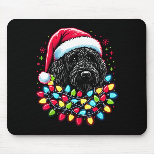 Schwarzer Labradoodle Weihnachtsbaum Xmas Lichter Mousepad (Vorne)