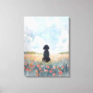 Schwarzer Labradoodle Wildblumen-Wandkunst-Druck Leinwanddruck