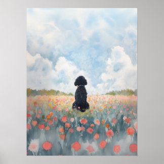 Schwarzer Labradoodle Wildblumen-Wandkunst-Druck Poster