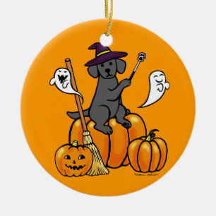 Schwarzer Labrador Cartoon 2 Halloweens Keramikornament