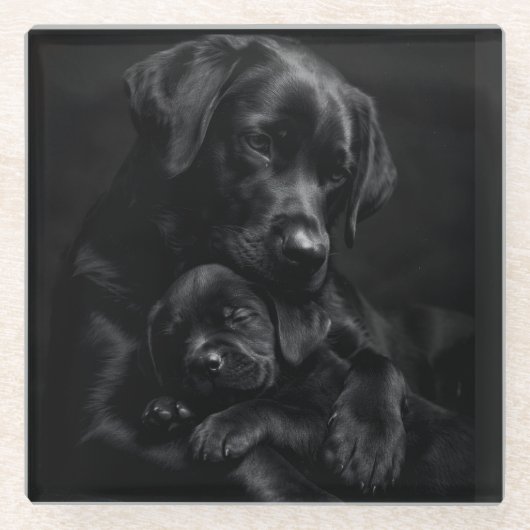 Schwarzer Labrador, Eltern und Kind: Liebesumarmun Glasuntersetzer (Vorderseite)