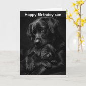 Schwarzer Labrador, Eltern und Kind, Liebesumarmun Karte (Gelbe Blume)