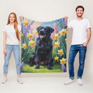 Schwarzer Labrador-Hund Frühjahrsblumen-Gemälde Fleecedecke
