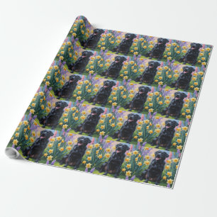 Schwarzer Labrador-Hund Frühjahrsblumen-Gemälde Geschenkpapier