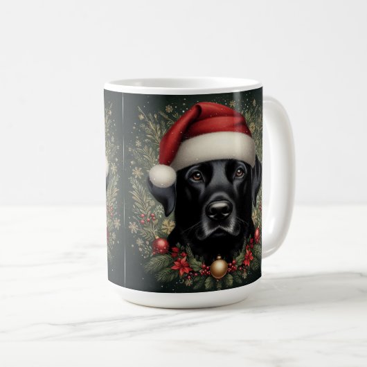 Schwarzer Labrador Hund in Weihnachtsmannmütze Kaffeetasse (VorderseiteRechts)