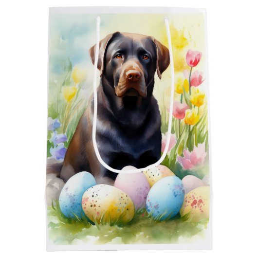 Schwarzer Labrador Hund mit Ostereiern Urlaub Mittlere Geschenktüte (Rückseite)