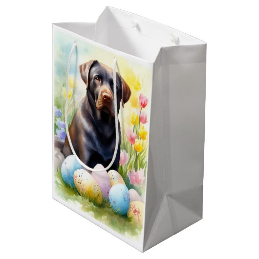 Schwarzer Labrador Hund mit Ostereiern Urlaub Mittlere Geschenktüte (Rückseite Schrägansicht)