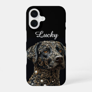 Schwarzer Labrador mit aufwendigem Gold- und Perle iPhone 16 Hülle