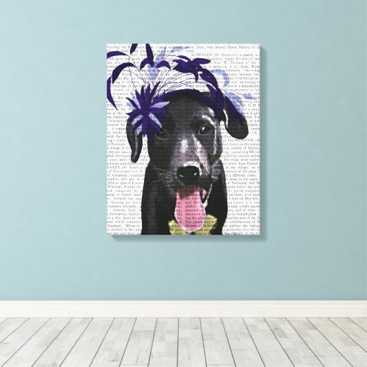 Schwarzer Labrador mit blauem Faszinator Leinwanddruck (Insitu (Holzboden))