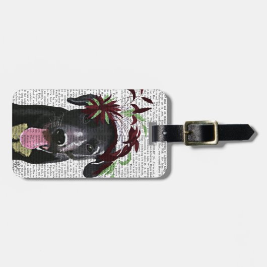 Schwarzer Labrador mit grünem Faszinator Gepäckanhänger (Vorderseite horizontal)