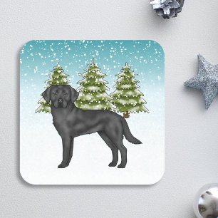 Schwarzer Labrador Retriever Blaue Schnee Winter W Quadratischer Aufkleber