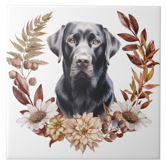 Schwarzer Labrador Retriever Herbstkranz Fliese (Vorderseite)