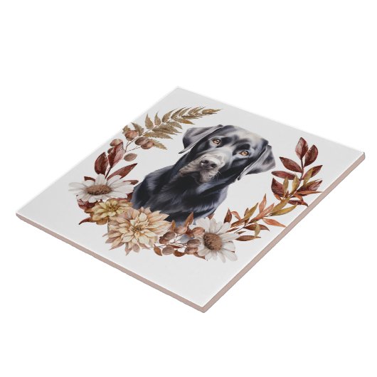 Schwarzer Labrador Retriever Herbstkranz Fliese (Seite)