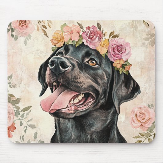 Schwarzer Labrador Retriever Hund Pink Peach Flora Mousepad (Vorne)