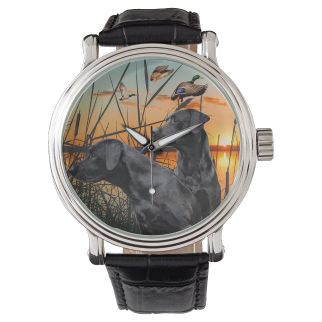 Schwarzer Labrador Retriever Watch, Entenjagd Armbanduhr (Vorderseite)
