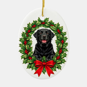 Schwarzer Labrador Retriever Weihnachts-Stechpalme Keramik Ornament