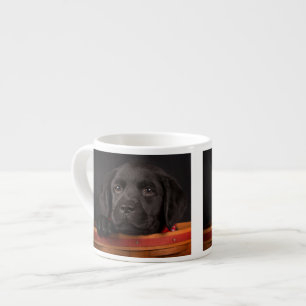 Schwarzer labrador retriever-Welpe in einem Korb Espressotasse