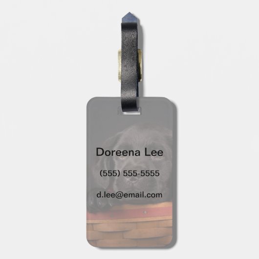 Schwarzer Labrador-Retriever-Welpe in einem Korb Gepäckanhänger (Rückseite vertikal)