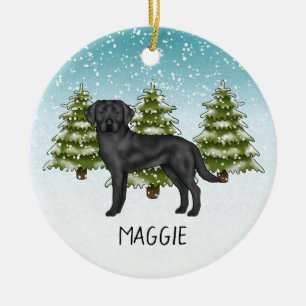 Schwarzer Labrador Retriever Winterwald Benutzerde Keramik Ornament