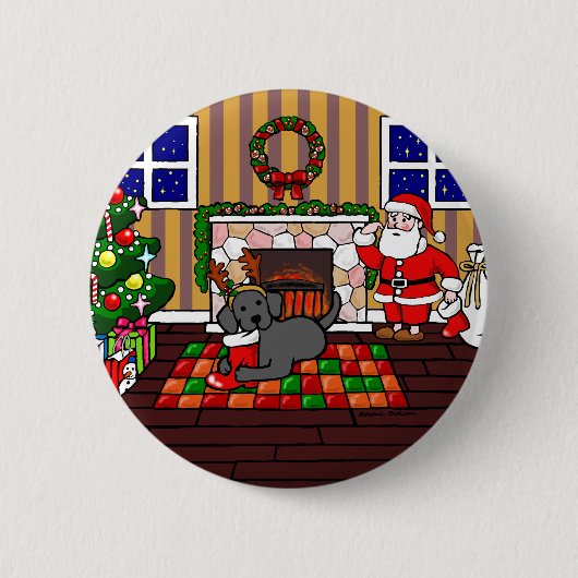 Schwarzer Labrador- und Sankt-WeihnachtsCartoon Button (Vorderseite)