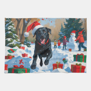 Schwarzer Labrador Weihnachtsfestliche Schneeszene Geschirrtuch