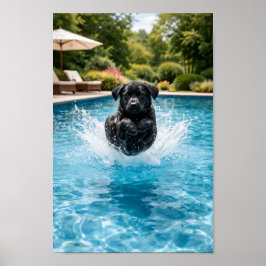 Schwarzer Labrador-Welpe beim Sprung ins Wasser Poster