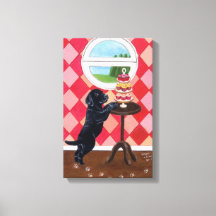 Schwarzer Labrador-Welpe und Kuchen-Grafik Leinwanddruck