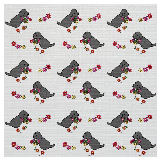 Schwarzer Labrador-Welpen-Blumen-Korb-Cartoon Stoff (Muster)